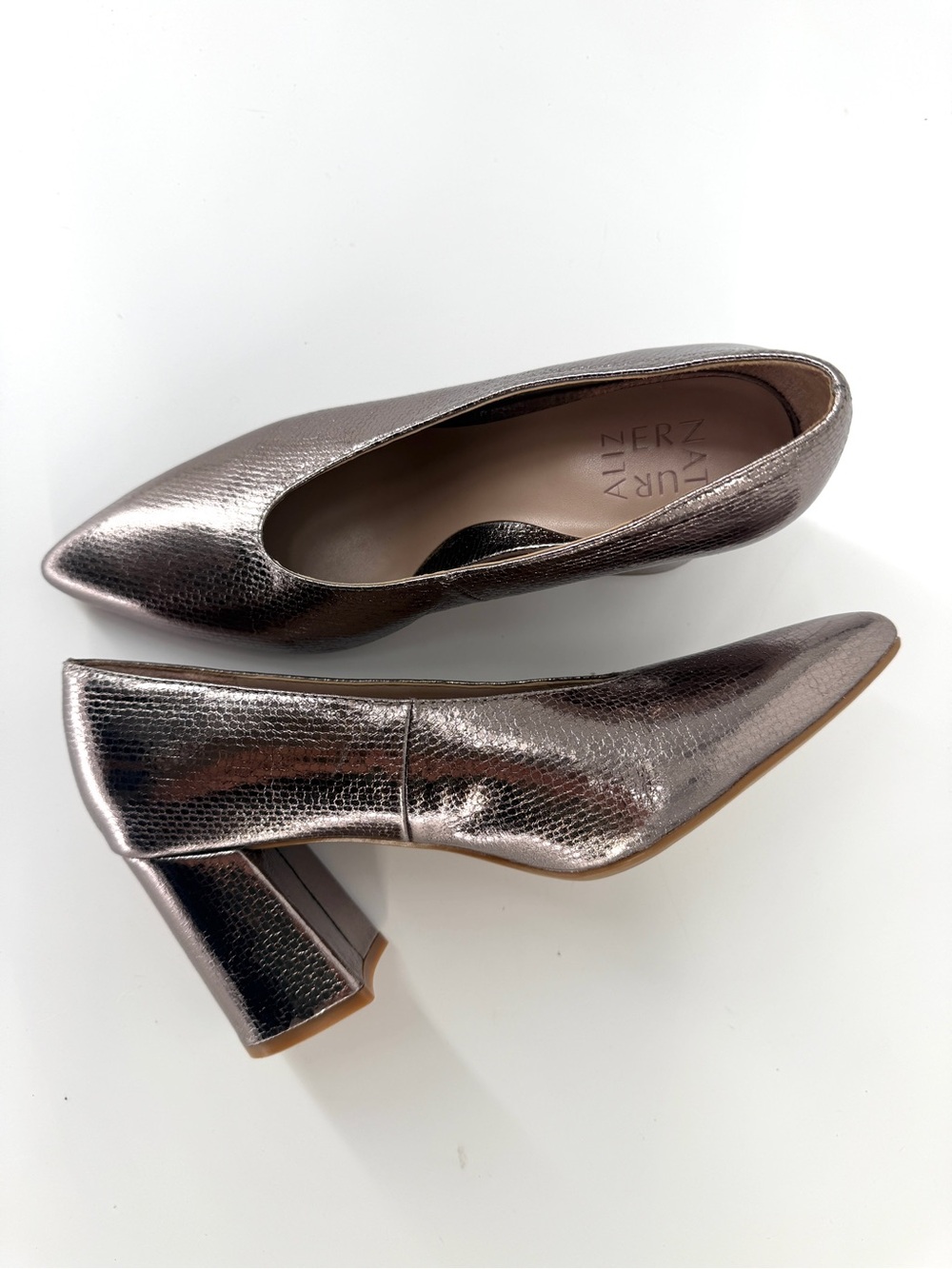 Naturalizer Metallic Pewter Block Heel Pumps Pointed Toe 8-8.5W Glam Party